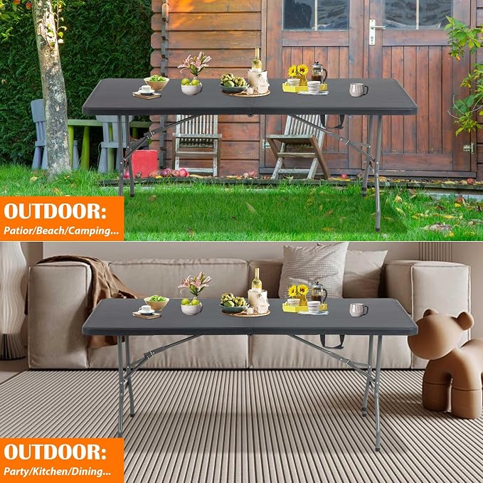 Black Folding Tables 6Ft Outdoor Dining Table, Portable Fold Up Lightweight Foldable Desk, 6 Foot Folding Desk Picnic Table Party Tables Camping Table, Plastic Beach Table Patio Outdoor Furniture