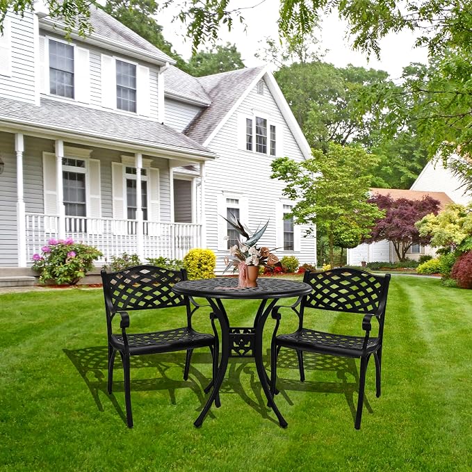 Cast Aluminum Patio Bistro Sets Outdoor Bistro Table and Chair Set of 2 with Umbrella Hole,Metal 3 Piece Patio Set All Weather Bistro Table Set for Garden,Black