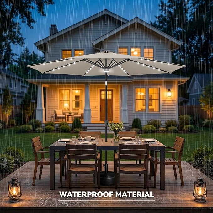 10FT Solar Umbrella Outdoor - Lighted Solar Patio Umbrella with 40 LED Lights Waterproof UV Protection, Table Umbrella with Tilt for Pool, Porch, Garden, Deck, Backyard (Taupe)