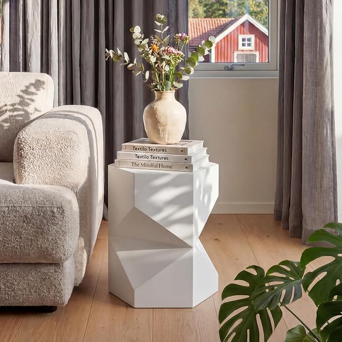 HOMPUS Outdoor Side Table Polygonal, Concrete End Table Hexagonal w Gloss Finish, Patio Accent Table Modern Design Home Decor, MgO Coffee Table for Living Room, Garden, Backyard, White