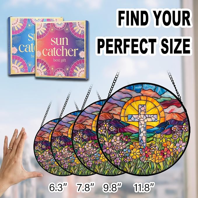 Christian Gifts for Women - Flower Cross Faux Stained Glass Window Hanging Sun Catcher for Acrylic Home Decor Mother's Day Christmas Easter Religion Gift for Mom Nana Men Grandma Wife Dad 7.8"