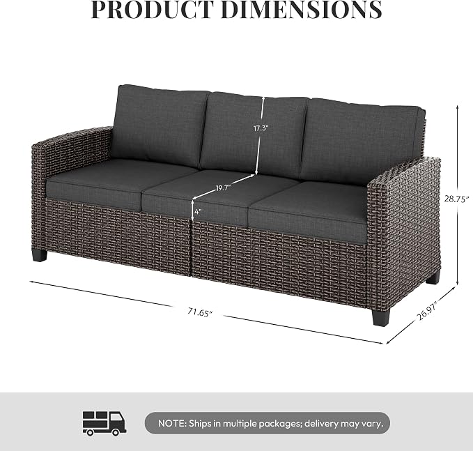 WWR Furniture Set-30% Thicker Wicker-Luxury 1 Piece PatioWicker Outdoor Patio Conversation Set with Extra Wide & Thick Cushions, 3-Seat Sofa Rattan Outdoor Furniture Set for Backyard, Porch & Deck