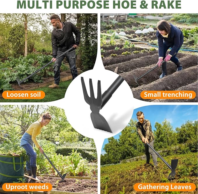 Weed Puller Tool with 45.5" Long Handle, 2 in 1 Small Garden Weeding Hoe & Rake, Handheld Stand Up Hoe Garden Tool for Lawn, Garden, Yard, Flower Bed, Patio & Small Farm
