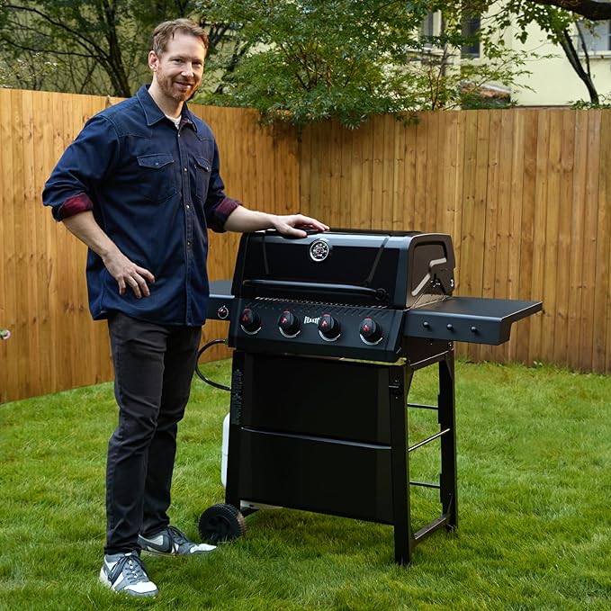 Feasto 4-Burner Gas BBQ Grill with Side Tables, 36,000 BTU Outdoor Propane Grill with Premium Enameled Coated Chamber Body & Porcelain-Enameled Stamped Grates for Deck Party & Patio BBQ, Black