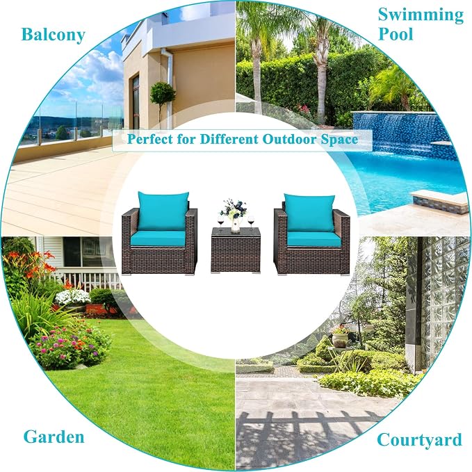 Tangkula 3 Pieces Patio Furniture Set, Outdoor Conversation Rattan Furniture Set w/Washable Cushion and Tempered Glass Tabletop, PE Rattan Wicker Sofa Set for Garden Poolside Balcony