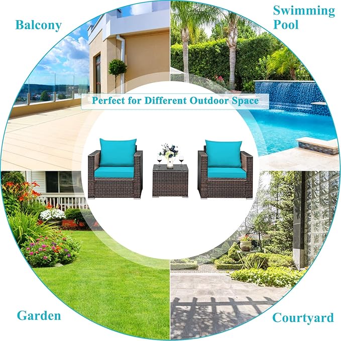 Tangkula 3 Pieces Patio Furniture Set, Outdoor Conversation Rattan Furniture Set w/Washable Cushion and Tempered Glass Tabletop, PE Rattan Wicker Sofa Set for Garden Poolside Balcony
