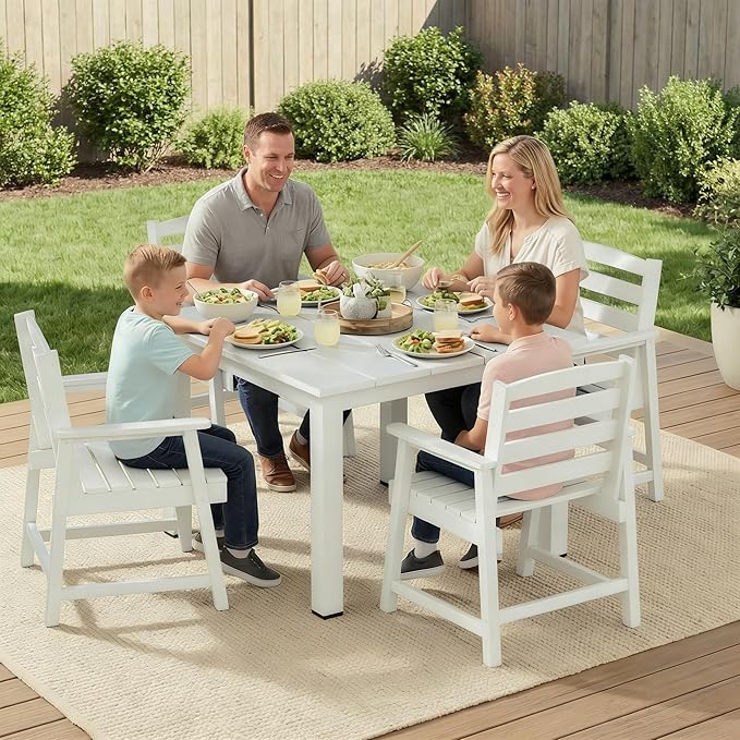 LOUNZY 5-Piece HDPE Patio Dining Set - Outdoor Square Table with 2" Hole Cut-Out & 4 Chairs,White