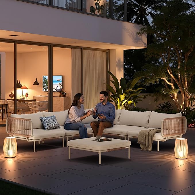 Patio Furniture Set, Outdoor Patio Furniture Oversized Metal Single Sofa, 1-seat Conversation Set with Cushion for Indoor and Outdoor, White Frame and Beige Mat (1 Seat 2 Armrests)