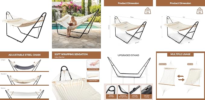Heavy Duty Double Hammock with Stand – Heavy Duty 2-Person Hammock Set for Outside, Adjustable Patio Swing Hammock Chair Patio Furniture, Backyard Garden Porch Furniture, Beige
