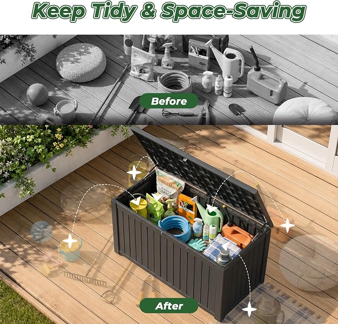 200 Gallon Deck Box, Lockable Waterproof Storage Box, Outdoor Storage Bin for Package Delivery, Patio Cushions, Gardening Tools,Pool Accessories and Sports Equipment (Black,200 Gallon)