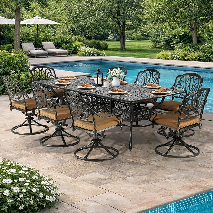 VIVIJASON 9-Piece Outdoor Dining Set, Cast Aluminum Retro Patio Furniture Table and Chairs Set for 8, Include 94.5" Rectangular Table and 8 Swivel Rocker Chairs with Umbrella Hole, Khaki Cushion
