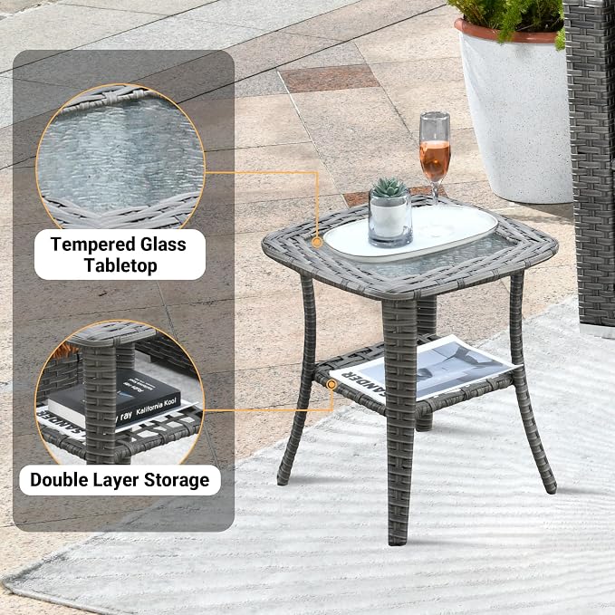 Weaxty 8 Piece Outdoor Sectional with Fire Pit Table, All Weather Wicker Patio Furniture Set with Swivel Rocker Chair Coffee Table, Thick Cushion Couch Conversation Sets for Garden Deck Backyard Black