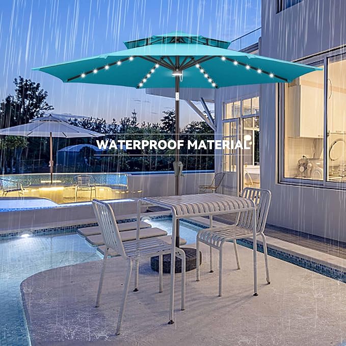 Jarka&Co 9ft Solar Patio Umbrella - 2 Tiers Solar Outdoor Umbrella with 40 LED Lights Waterprool UV Protection, Market Table Umbrella with Tilt for Backyard, Garden, Pool, Porch (Aqua Blue)