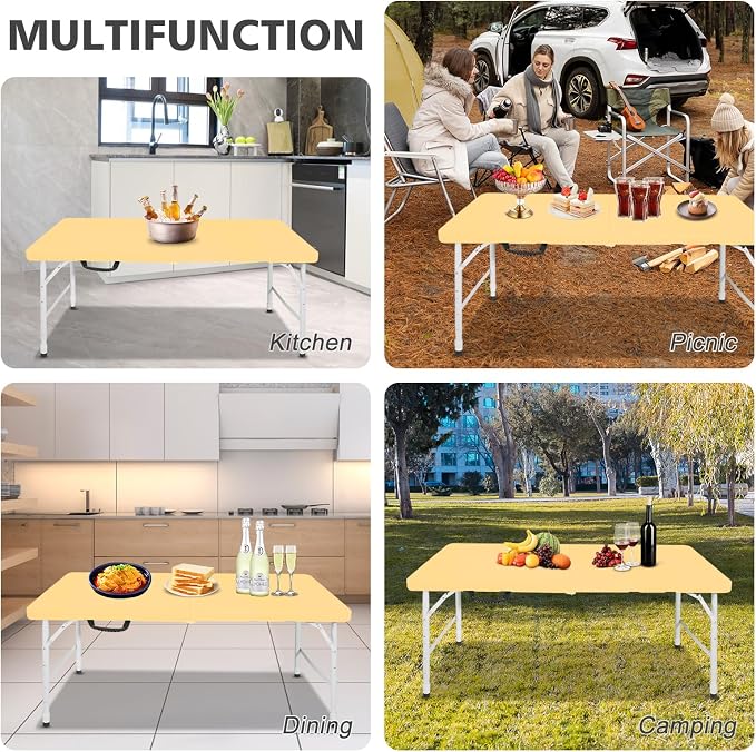 Portable 4Ft Folding Table, Heavy Duty Plastic Fold-in-Half Utility Foldable Table, Adjustable Height Plastic Folding Table with Carrying Handle for Camping &Party Indoor/Outdoor(Light Yellow)