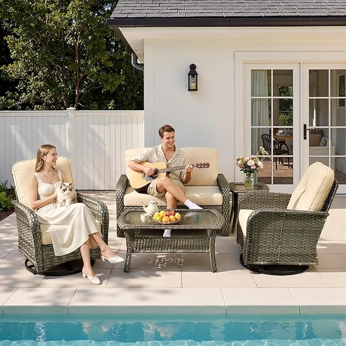 5-Piece Patio Furniture Set, Outdoor Wicker Furniture with Coffee Table, High Back Swivel Rocker Patio Chairs, Modern Rattan Outdoor Chairs Conversation Set for Porch, Balcony, Garden, Beige