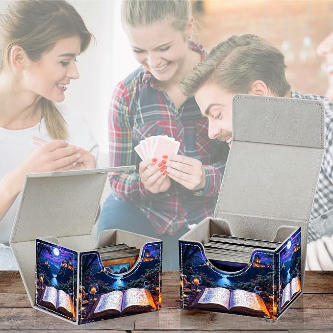 Card Deck Box for MTG, Cards Storage Box Fits 120+ Sleeved, Leather Small Size Strong Magnetic Closing Card Case for Board Games Magic TCG CCG Baseball Collection, Castle Book Purple
