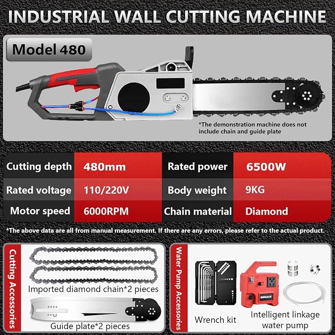 Electric Concrete Chainsaw Wall Cutter Machine 5800W 6500W Handheld Concrete Chain Saw with 2 Diamond Concrete Saw Chain and Water Supply and Dust Suppression (19" Cutting Depth)