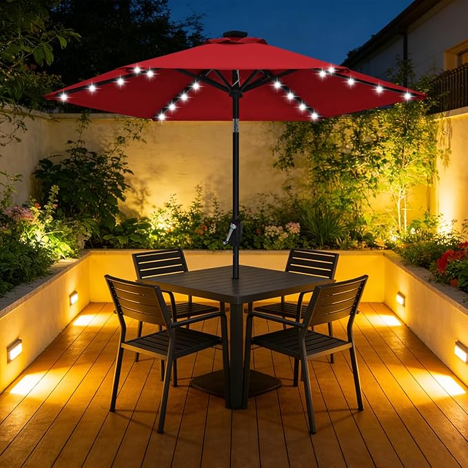 ABCCANOPY Durable Solar Led Patio Umbrellas with 24LED Lights 7.5FT with 6 Sturdy Ribs (Burgundy)