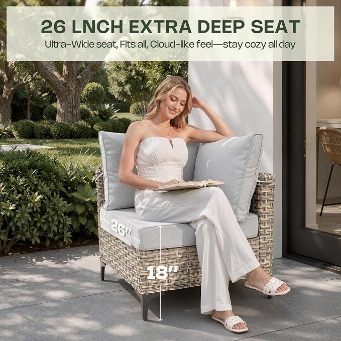 8 Pieces Patio Furniture Set, Outdoor Conversation Set with 360° Swivel Rocker Chairs, Wicker Sectional Sofa & Solar Powered Lighted Table, High Back Outdoor Furniture for Backyard Porch, Light Gray