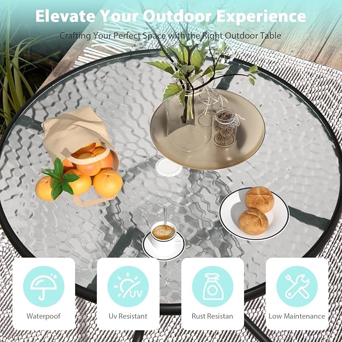 MKDLUFEI Patio Table with Umbrella Hole, 32 Inch Round Tempered Glass Metal Outdoor Dining Table Garden Elements for Balcony, Backyard Pool(Round)