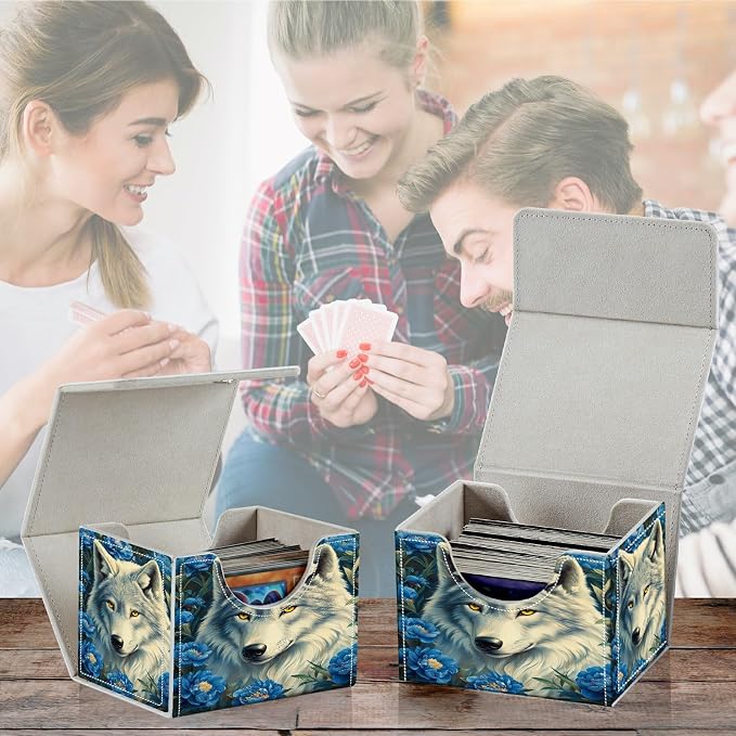 Card Deck Box for MTG, Cards Storage Box Fits 120+ Sleeved, Leather Small Size Strong Magnetic Closing Card Case for Board Games Magic TCG CCG Baseball Collection, Purple Flower Wolf