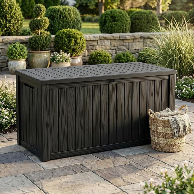 190 Gallon Large Outdoor Storage Box Waterproof, UV Resistant Resin Deck Box with Hydraulic Rod & Lockable Latch for Patio Furniture, Outside Storage Box for Garden Tools, Patio Cushions, Black