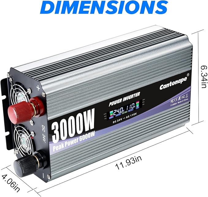 Cantonape 3000W Power Inverter 24V to 110V/120V DC to AC with LCD Display, Remote Controller and 4 x AC Outlets Car Adapter for Car Truck Boat RV Off Grid Solar System