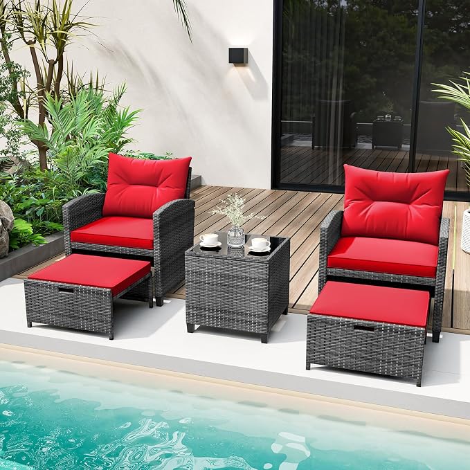 COSTWAY 5-Piece Rattan Conversation Set, Outdoor Wicker Sofa, Tempered Glass Coffee Table & Ottomans for Small Space, Boho Chic Indoor/Outdoor Furniture Set for Poolside, Backyard, Deck (Red)