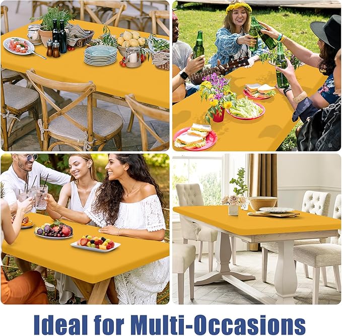 Moosfor Spandex 8 Foot Rectangle Table Cloth 2 Pack, Elastic Fitted Tablecloths for Picnic, Stretch Washable Patio Table Cover for Outdoor, Camping, Banquet and Parties (Mustard Yellow, 30"x96")