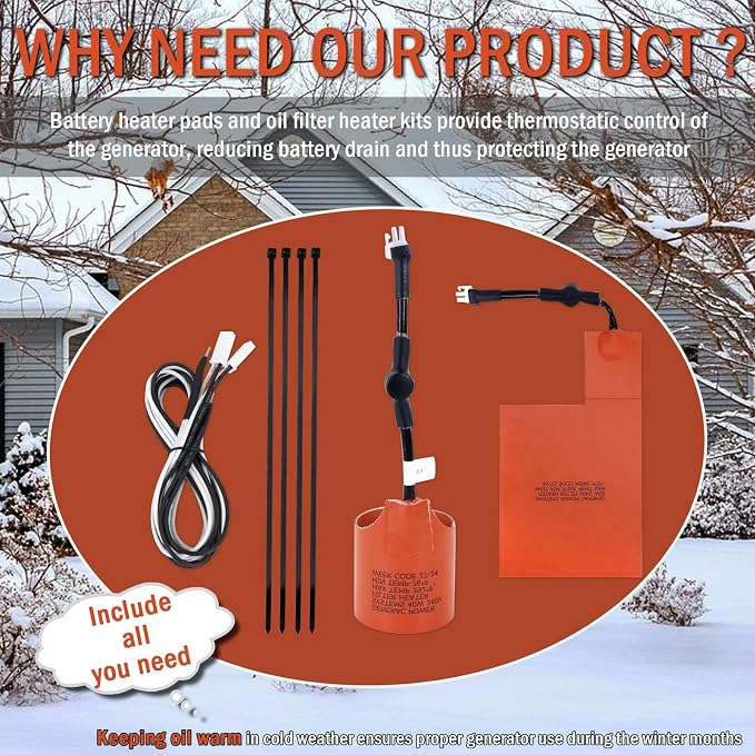 Kefly 7101 Battery Heater Pad & 7102 Oil Heater Kit For 9kW-22kW Air Cooled Standby Generator, Battery Pad Warmer And Oil Filter Heater Kit Compatible With Generac generator