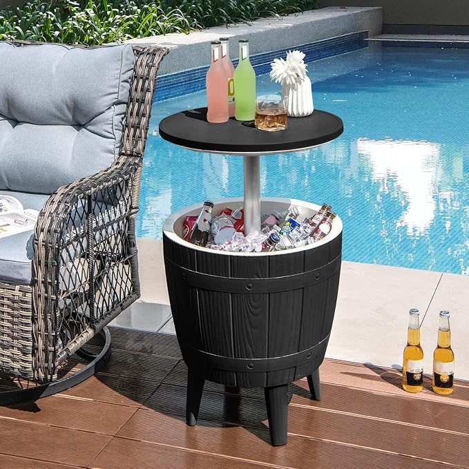 LDAILY Outdoor Cooler Table, 3-in-1 10 Gallon Ice Bucket with Height-Adjustable Tabletop, Cocktail Side Table with 110LB Capacity & Drain Plug for Poolside, Backyard, Patio Parties (Black)