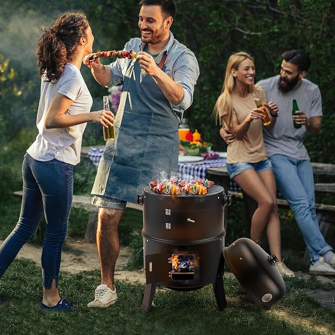 Outvita Vertical 17 Inch Charcoal BBQ Smoker, 3-in-1 Portable Outdoor Grill Cooker with Built-in Thermometer for Outdoor Backyard Cooking Grilling Camping