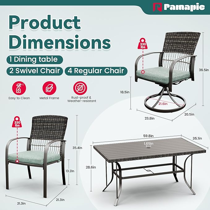 Pamapic 7 Piece Patio Dining Set for 6,Wicker Outdoor Furniture Set for Backyard Garden Deck Poolside with Iron Slats Table Top (Green, 7 PCS Swivel Chair & Fixed Chair)