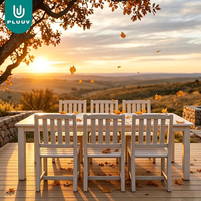 PLUUV 7-Piece Outdoor Dining Set – HDPE Patio Furniture with Umbrella Hole Table, Aluminum Legs, and 6 Armless Chairs, Weatherproof & Easy-Clean for Backyard, Garden, White