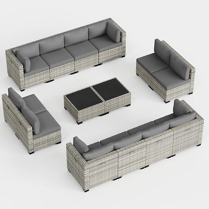 14-Piece Outdoor Patio Furniture Set, PE Wicker Rattan Sectional Sofa Conversation Set with Tempered Glass Table & Thick Cushions - All-Weather Garden, Backyard Furniture, Grey