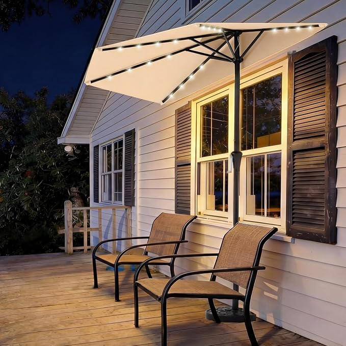 HOMSHADE 9FT Half Patio Umbrella with Solar LED Lights for Outdoor, Waterproof Half Umbrella for Small Spaces, Balcony, Deck(Red)