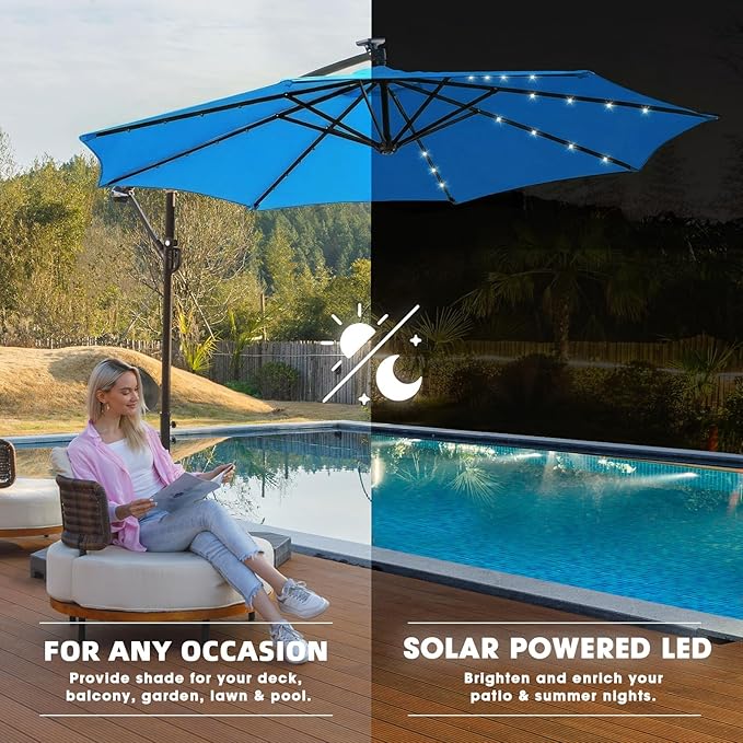wikiwiki 10ft Solar LED Offset Patio Umbrella, Outdoor Cantilever Patio Umbrellas with Solor Lights for Backyard, Poolside and Garden, Easy Tilt Adjustment, 32 LED Lights & Polyester Shade, Royal Blue