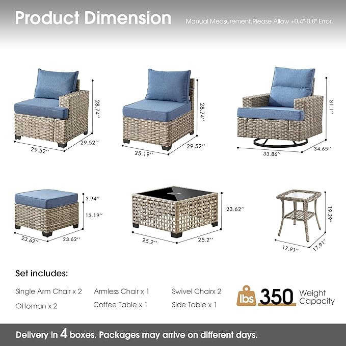 Rattan Patio Furniture Set with Swivel Chairs,9 Pieces Outdoor Sectional with Ottoman Glowing Coffee Table,Out Door Furniture Conversation Set,Denim Blue
