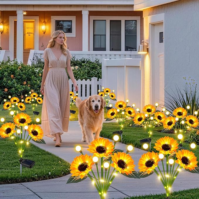 6 Pack Solar Sunflower Lights Outdoor Garden Decor, Upgraded with Firefly Lights, Waterproof Solar Flower Stake for Outside Yard Lawn Backyard, Gardening Gifts for Women Mom Grandma