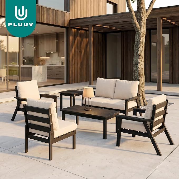 PLUUV 7-Piece Outdoor Patio Furniture Set, HDPE All-Weather Sectional Sofa Set with Thick Cushions, Modular Conversation Set for Deck, Lawn, Porch, Black Frame with Khaki Cushion
