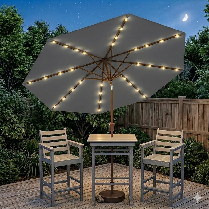 10FT Solar Lighted Patio Umbrella, Outdoor Table Market Umbrellas with Push Button Tilt and Crank, 32 LED Lights, 8 Sturdy Ribs, UV-Resistant for Deck, Garden, Pool