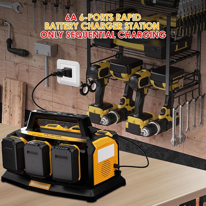 1200W Power Inverter for Dewalt 20V Battery,Compatible Battery Charger of 6 Ports Each 6A,20V to 110V Pure Sine Wave Inverter with 3 USB-A/Type-C/DC Port, Light,Cigarette Lighter Socket for Emergency