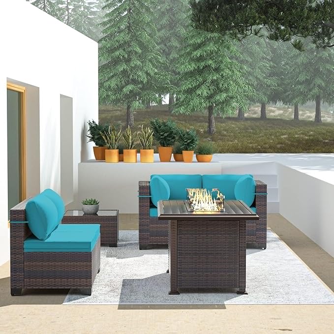 Outdoor Patio Furniture with Fire Pit Table, 6 Pieces Outdoor Furniture Patio Sectional Sofa PE Rattan Conversation Sets w/43 Propane Gas Firepit & Coffee Table for Outside - Teal.