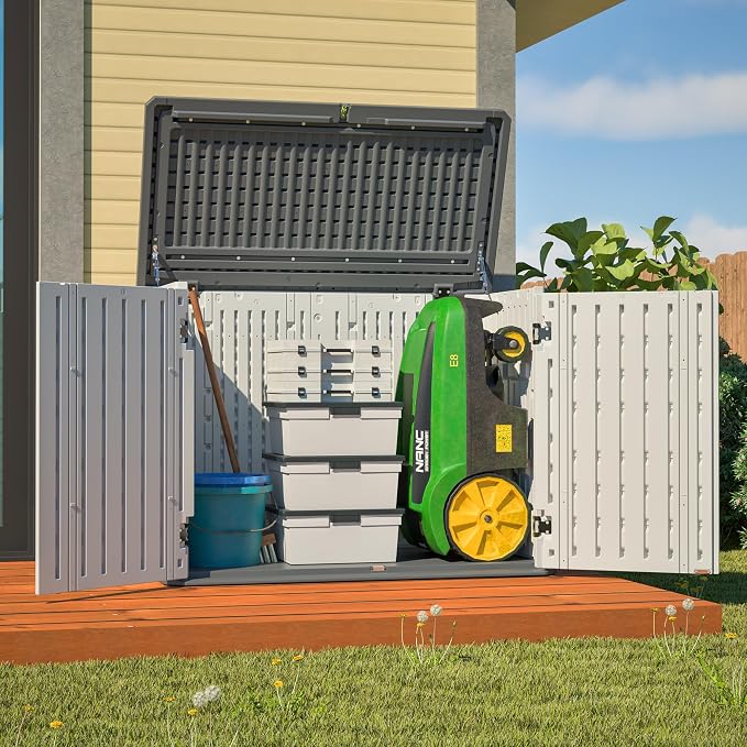 Large Outdoor Deck Box and Horizontal Storage Shed, 28 Cubic Feet Weather Resistant Resin Cabinet for Patio Cushions and Garden Tools, Lockable White Storage Unit, 52.3 x 29.7 x 38.9 Inches