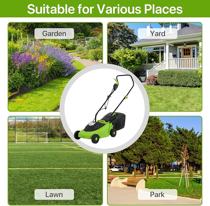 Electric Lawn Mower Corded Push Mower with 12 Amp, 13 Inch Lawnmower with 3 Adjustable Cutting Heights and Collection Box Included for Yard, Lawn and Garden Care