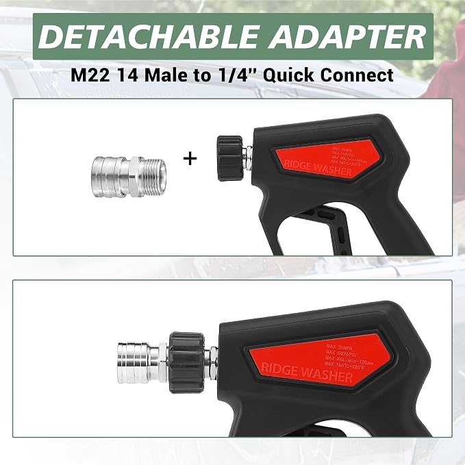 RIDGE WASHER Pressure Washer Gun 5000 PSI, 12 GPM, Power Washer Gun with Stainless Steel Extension Wand, Detachable M22 14 Male to 1/4" Quick Connect, 360Β° Swivel 3/8'' NPT Thread, M22 Fitting