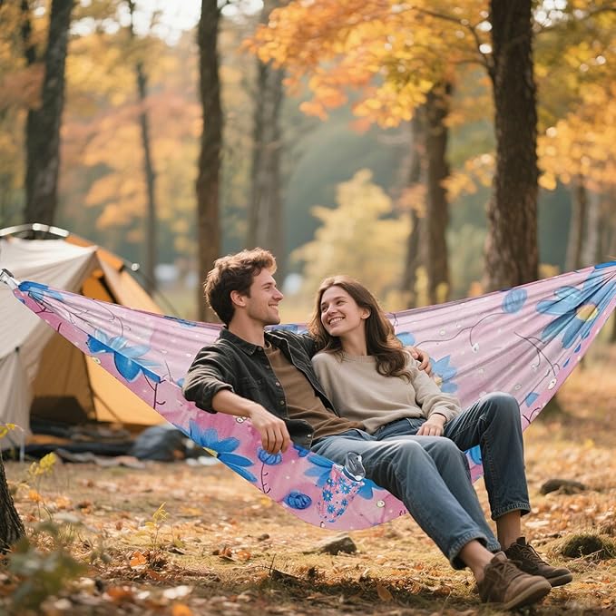 Oil Painting with Retro Blue Flowers 330lb Capacity Outdoor Hammocks with Portabl Carry Bag Backyard Hammock for Outside Beach Patio Garden Base para poner hamaca