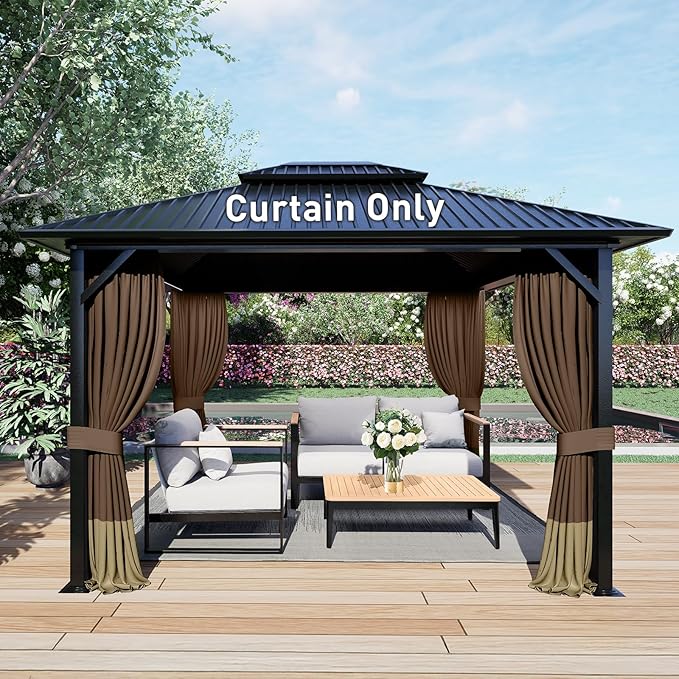 Aoodor 10x12 ft Outdoor Gazebo Curtains, 4 Panels Waterproof Privacy Sidewall Replacement with Zipper for Patio Pergola and Canopy, Brown and Khaki