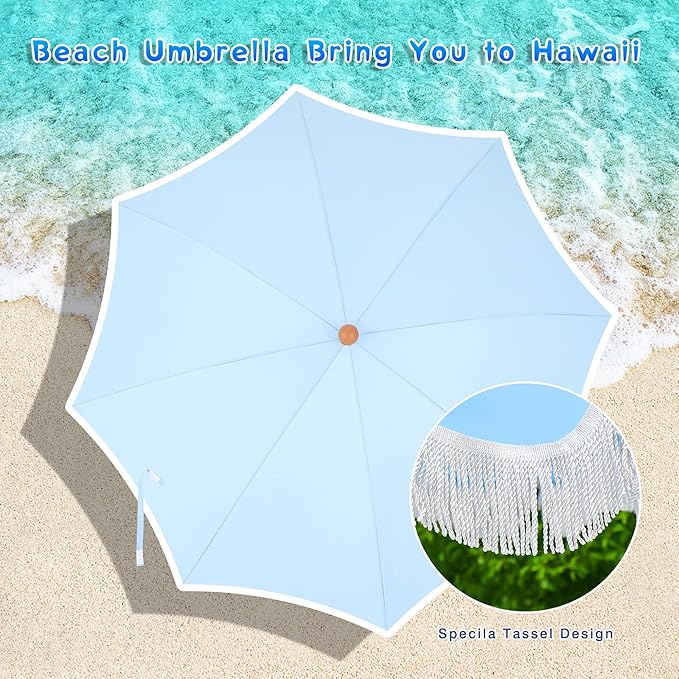 MFSTUDIO 7ft Beach Umbrella with Fringe, Tassel Umbrellas UPF50+ with Tilt Button & Crank, Holiday Outdoor Umbrella with Carry Bag, Ideal for Garden Lawn Poolside, Blue