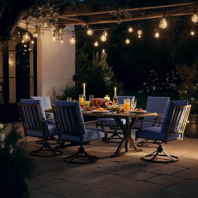 Kullavik 7 Pieces Outdoor Dining Set,Patio Dining Table and Chairs Set for 6,Fence Pattern Back Swivel Chairs with Thickened Cushions & X-Frame Metal Dining Table with Umbrella Hole for Patio,NavyBlue